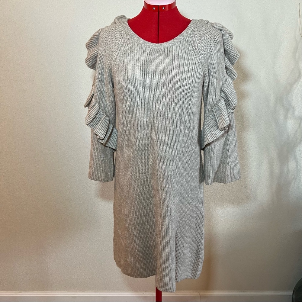 Vivi Violet Weekend Neutral Sweater Dress with Ruffled Sleeves Size Medium